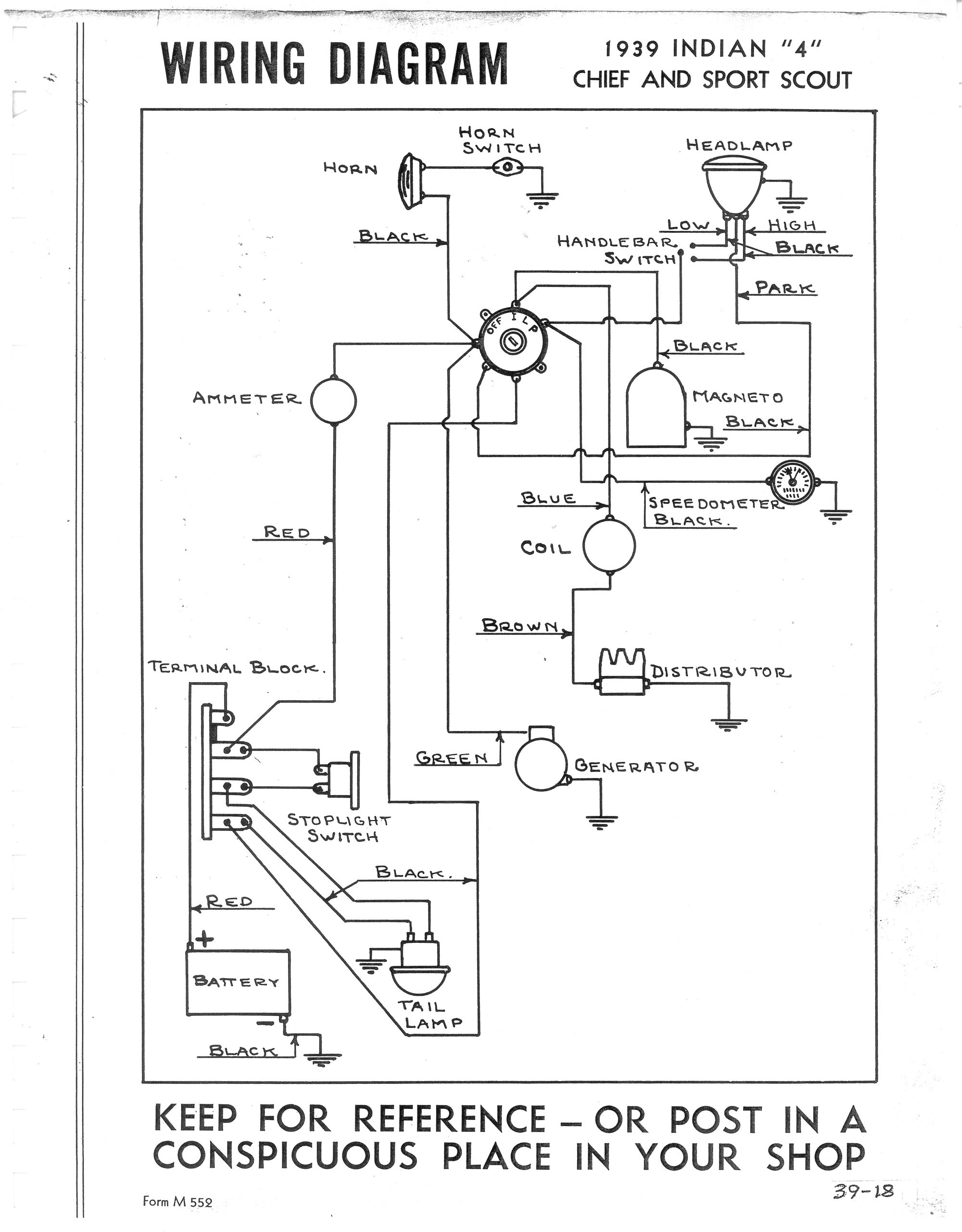 1939 Wiring Diagram - Indian "4" - Chief - Sport Scout - Starklite