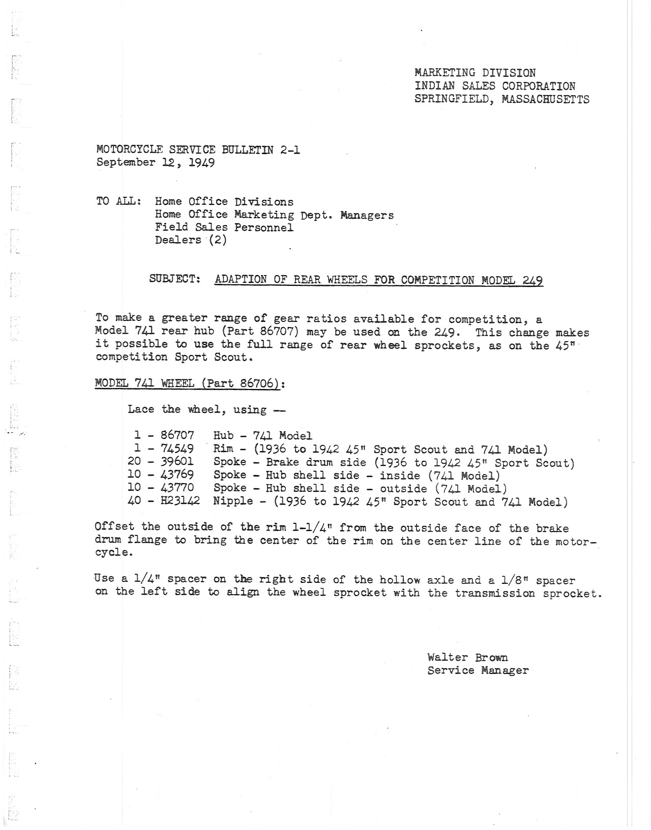 Service Bulletin 2-1 Adaption Of Rear Wheels For Competition Model 249 - Vintage Indian Motorcycle Parts &Amp; Accessories