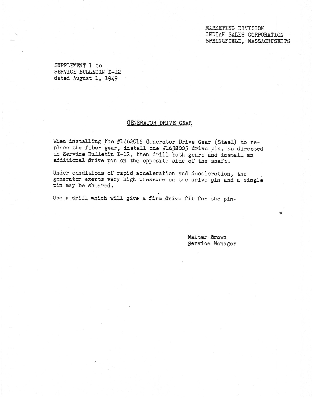 Service Bulletin I-12 Generator Drive Gear - Vintage Indian Motorcycle Parts &Amp; Accessories