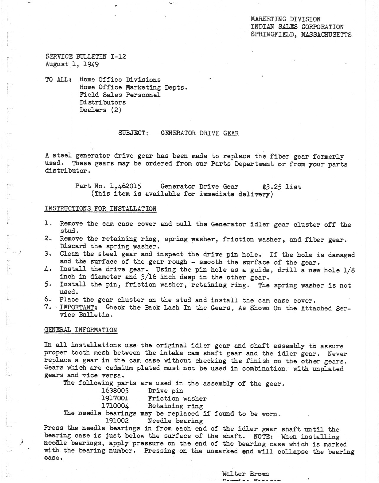 Service Bulletin I-12 Generator Drive Gear - Vintage Indian Motorcycle Parts &Amp; Accessories