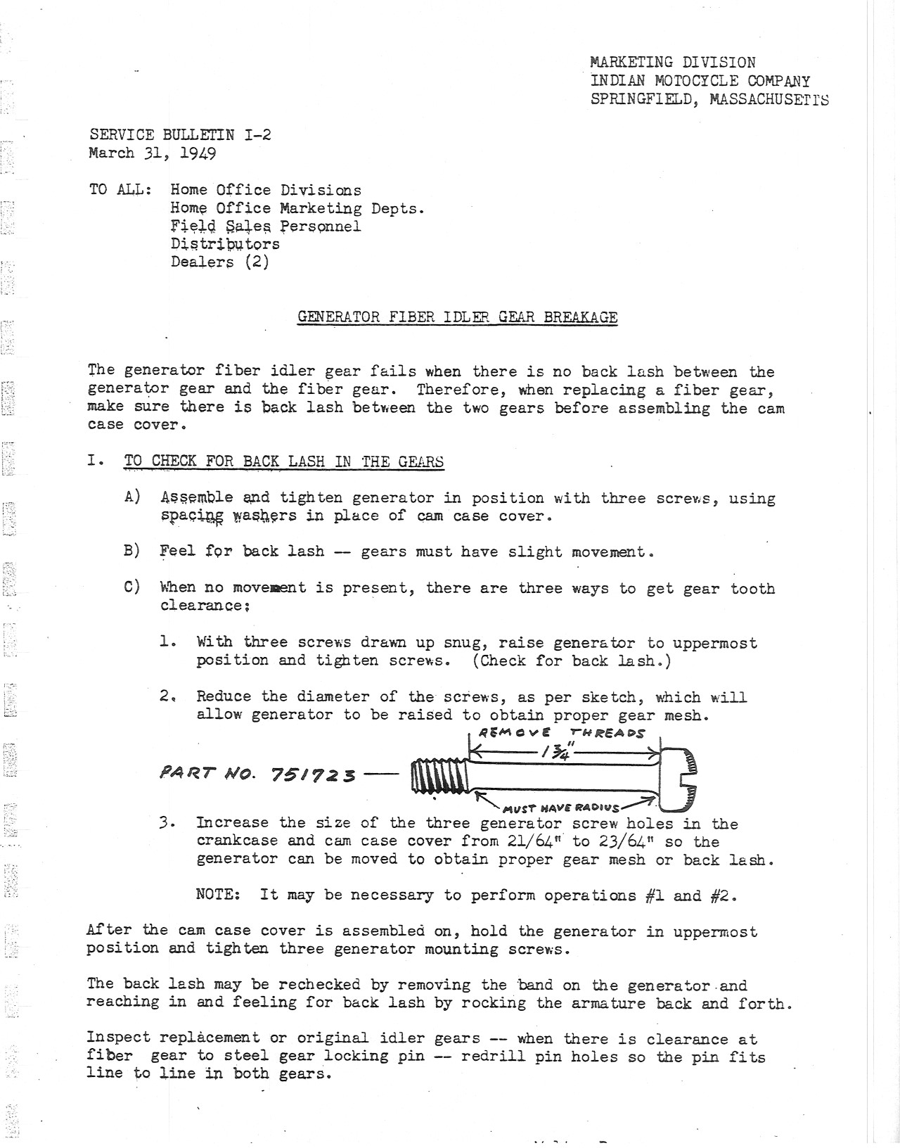 Service Bulletin I-2 Generator Fiber Idler Gear Breakage - Vintage Indian Motorcycle Parts &Amp; Accessories
